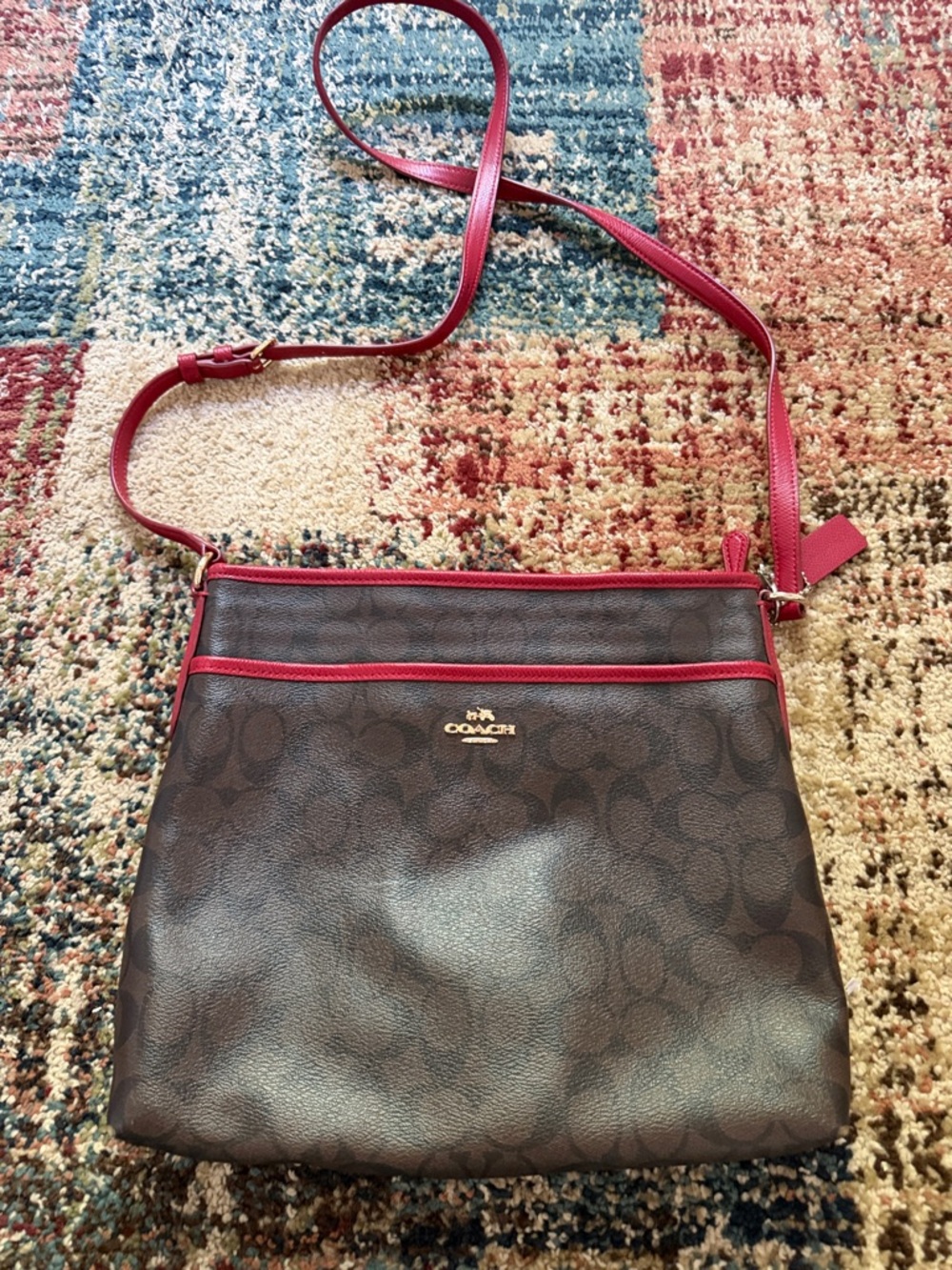 Coach Brown Signature Crossbody with Red Trim